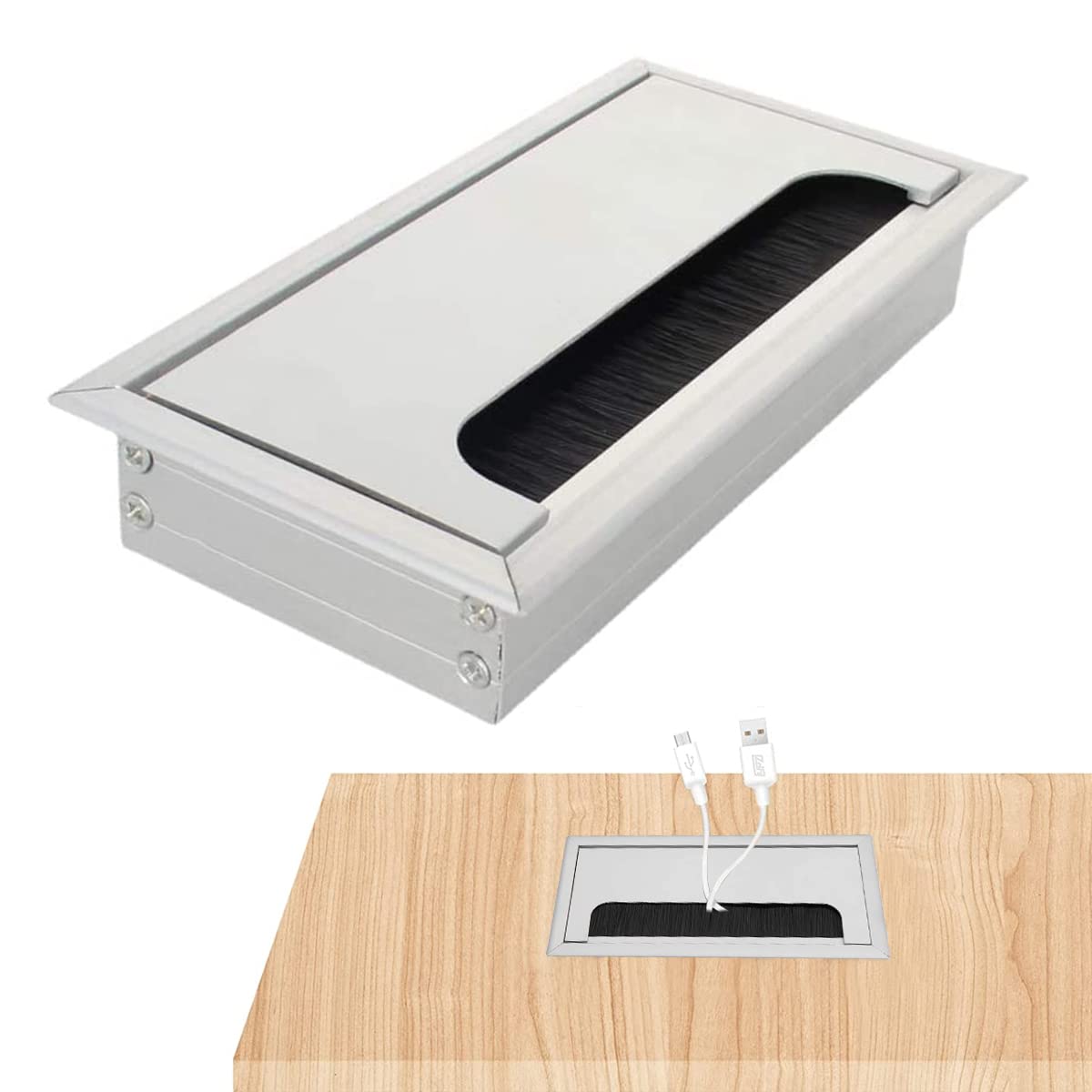 HASTHIP Rectangular Wire Cable Hole Cover with Dust-Proof Brush, Aluminum Metal Cable Organizer, Wire Manager for Table, Desk Hole Cap for Office and Computer Desks (160mm*80mm, Silver) HASTHIP Rectangular Wire Cable Hole Cover with Dust-Proof Brush, Aluminum Metal Cable Organizer, Wire Manager for Table, Desk Hole Cap for Office and Computer Desks (160mm*80mm, Silver)